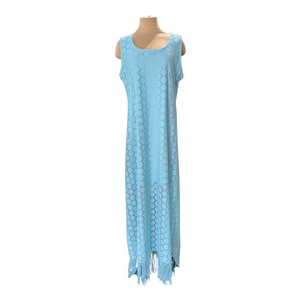 Melissa Paige Crochet Maxi Dress Aqua Blue Fringe Hem Sleeveless Lace Boho Large